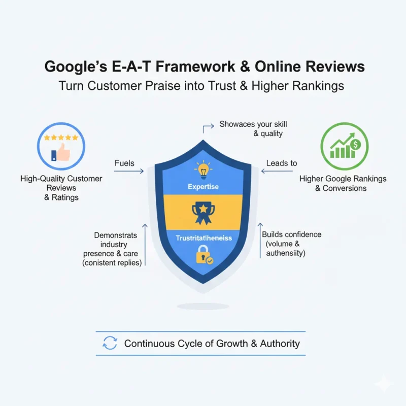 ภาพประกอบ: ภาพกราฟิกแสดงองค์ประกอบ E-A-T และเชื่อมโยงกับ "Customer Reviews"